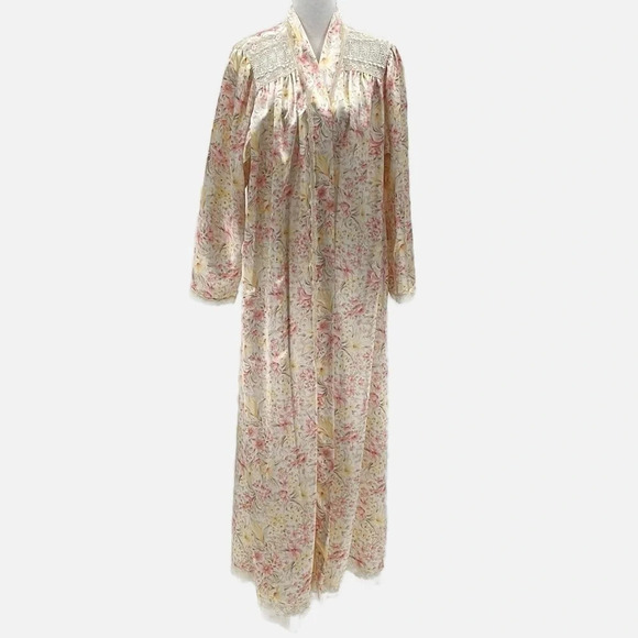 Vintage Christian Dior Floral & Lace Full Length Robe - Size M/L (No Belt) - Picture 1 of 7